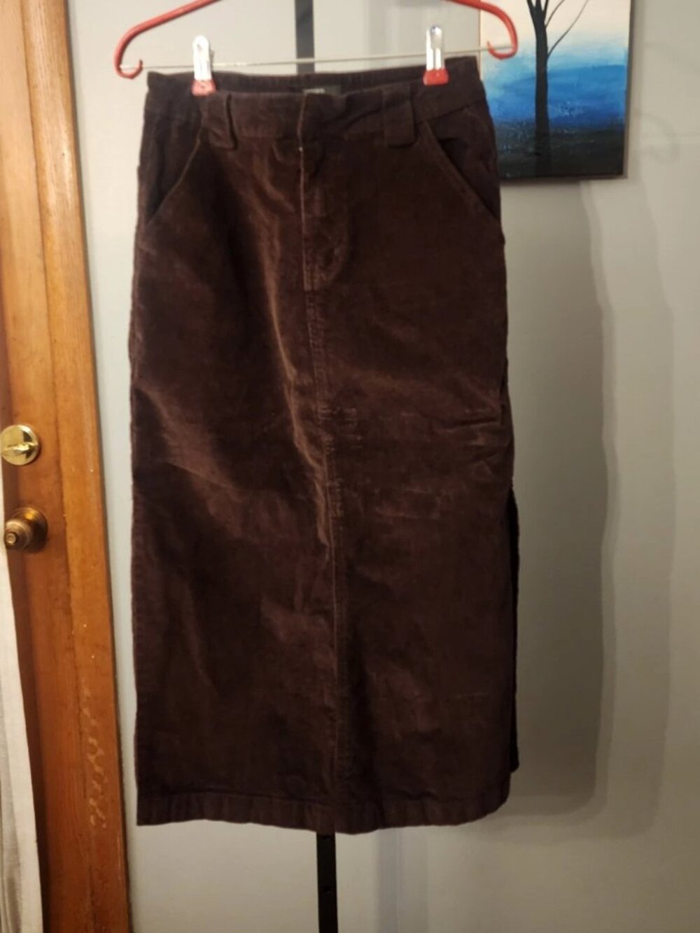 FOREVER 21 Brown Corduroy Modest Long Pencil Skirt Zip Side Slits Size S